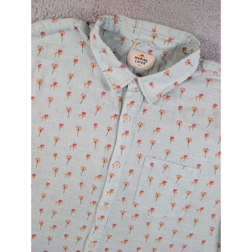 Marine Layer Mens Large Blue Palm Tree Print Short Sleeve Button Down Shirt